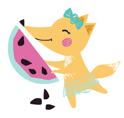 Fox baby girl with watermelon cute summer print. Sweet animal with fresh fruit, ballet skirt, bow.