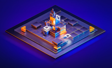 Abstract isometric user web interface design element. Digital glowing isometric design blocks on minimal background. Business system technology, global network, big data, smart app concept. 3D render