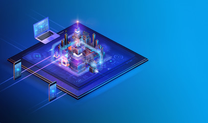 Isometric internet website interface background design. Web development, software programming strategy business, media, big data analysis, blockchain, management, consulting concept, ai technology. 3D