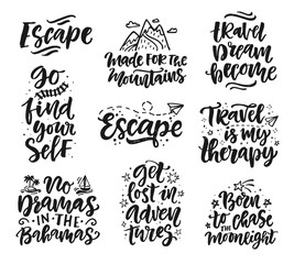 Travel, adventures hand written lettering quotes icons badges set