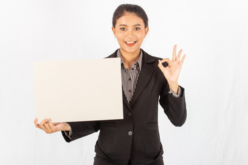 Portrait asian beauty business woman isolated white background.female holding blank card