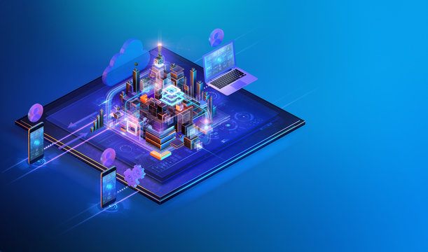 Isometric cross platform internet website interface background design. Web programming, software development strategy business, media data analysis, blockchain, management, consulting concept, ai. 3D
