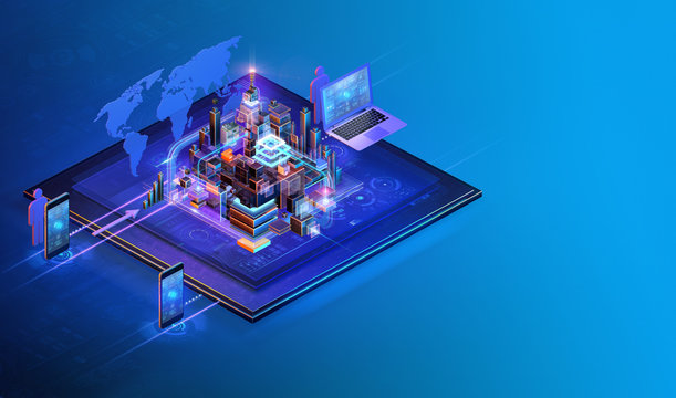Isometric cross platform internet website interface background design. Web programming, software development strategy business, media data analysis, blockchain, management, consulting concept, ai. 3D