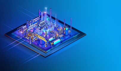 Isometric contemporary innovative smart industry website interface background design. Industry 4.0, gas oil refinery industry, electric power transmission, robotic automatic, chemical, power plant. 3D