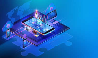 Isometric internet website interface background design. Web platform development, software programming business, big data analysis, blockchain, management, consulting, media data, ai technology. 3D