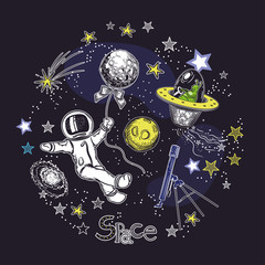 Square card template with the image of cosmic elements. Astronaut with a balloon, alien, telescope and galaxy. Circular composition. Space objects.