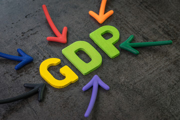 GDP, Gross Domestic Product concept, the primary indicators used to gauge the health of a country's economy, arrow pointing to abbreviation word GDP on blackboard