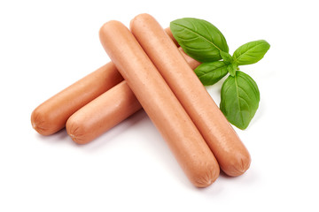 Fresh pork Boiled sausages with basil, macro, isolated on white background