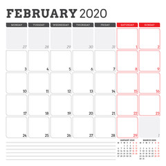 Calendar planner for February 2020. Week starts on Monday. Printable vector stationery design template