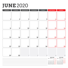 Calendar planner for June 2020. Week starts on Monday. Printable vector stationery design template