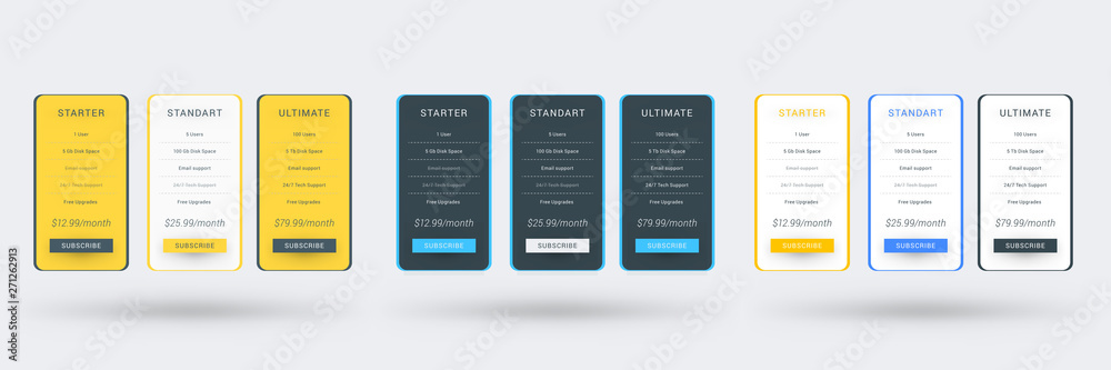 Wall mural pricing table color variations. pricing plans template for websites and applications. vector illustr