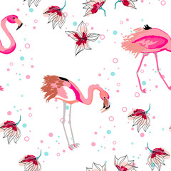 Pink flamingo tropical leaves floral pattern.
