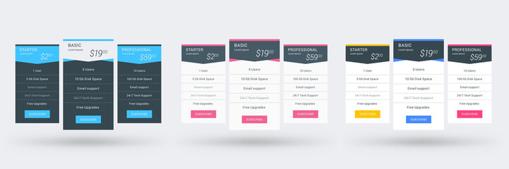 Pricing table color variations. Pricing plans template for websites and applications. Vector illustration