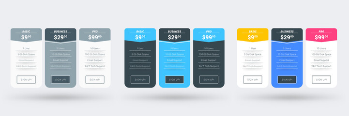 Pricing table color variations. Pricing plans template for websites and applications. Vector illustration