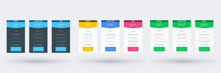 Pricing table color variations. Pricing plans template for websites and applications. Vector illustration