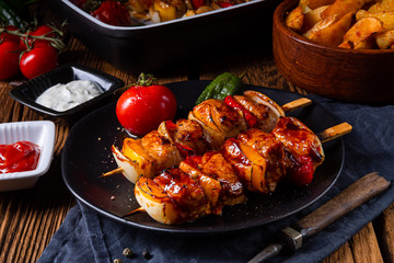 marinated kebab skewers with meat and vegetables