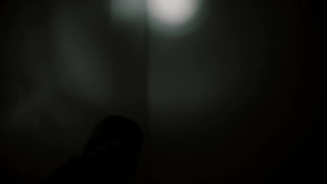 Creepy POV nightmare in a dark room. A man with a flashlight enters the room and encounters a monster who attacks him.