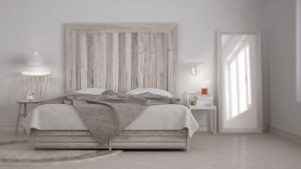 Fototapeta na wymiar Interior design depth of field, contemporary bedroom, bed with wooden headboard, scandinavian white eco chic, modern architecture concept idea