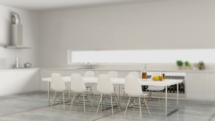 Interior design depth of field, contemporary minimalistic white kitchen with table and chairs, modern architecture concept idea