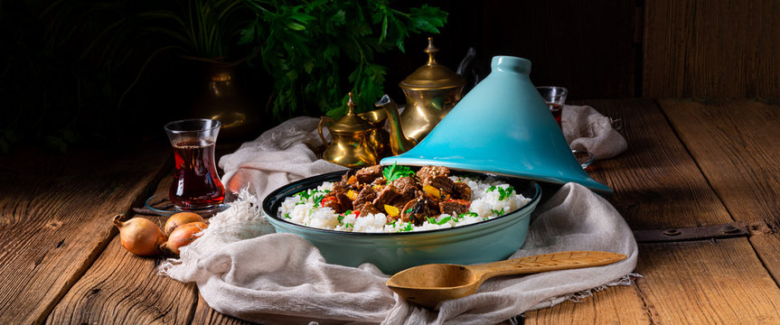 Tajin beef stew with rice paprika and sesame seeds