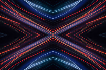 Colorful pattern of red and blue dynamic neon lines. Modern background. Art concept of lighting effects.
