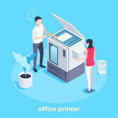 isometric vector image on a blue background, a man works behind an office printer and a girl assistant, teamwork
