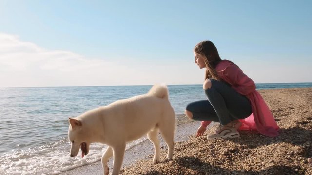 Teenager girl in a pink coat tryies the water in the sea with her siba inu white dog slow motion