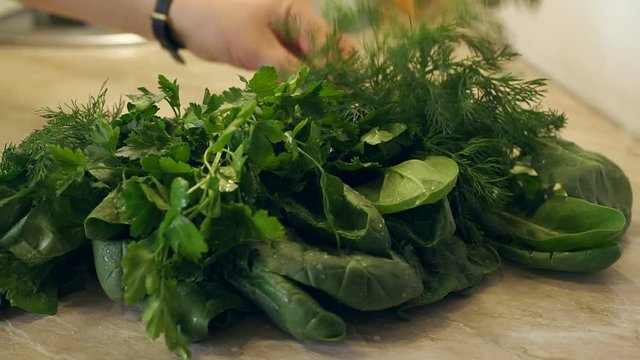Close-up girl puts on the table wet dill with parsley. Vegetarianism. Beautiful wet dill with parsley with water drops. Slow motion.