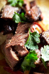 Beef steak with coriander on tortilla