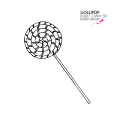 Hand drawn set of sweet candies. Twisted caramel lollipops. Vector food icons. Use for restaurant, menu, party decorating, flyer, banner. Sugar Halloween dessert.