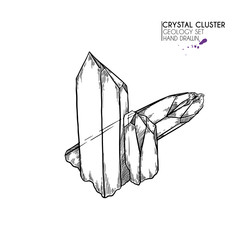 Hand drawn crystal cluster. Vector mineral illustration. Amethyst or quartz stone. Isolated natural gem. Geology set. Use for decoration, flyer, banner, halloween, wedding, witch stuff. - 271265934
