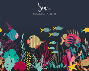Vector seamless pattern with underwater ocean coral reef plants, corals and exotic fish