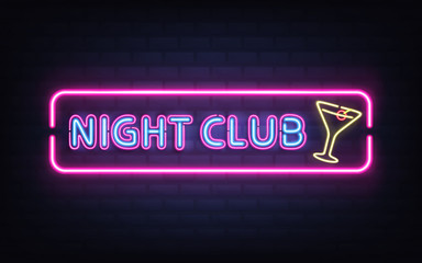Night club, cocktail bar bright neon retro signboard realistic vector with glowing fluorescent blue light letters, yellow cocktail glass with olive, violet, pink frame on dark brick wall illustration