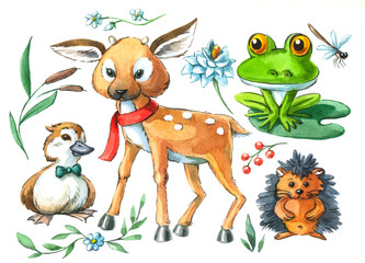 Fototapeta premium watercolor illustration cute animals fawn duckling frog hedgehog