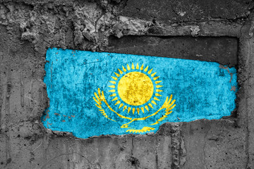 The flag of Kazakhstan on a dirty wooden surface, built into a concrete base, with scuffs and...