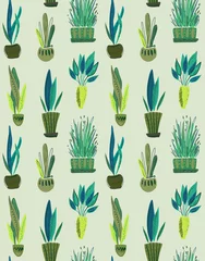 Wall murals Plants in pots Vector seamless pattern with collection of house plants in pots.