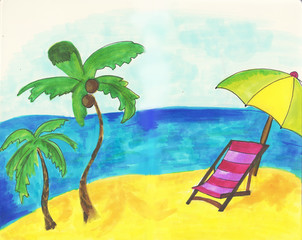 Fototapeta na wymiar Hand drawn seaside landscape. Tropical resort with beach chair sand beach, exotic palm trees Colorful realistic sketch illustration.