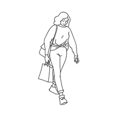 Cute girl in jeans, sweater and sneakers walking, staring down. Black lines isolated on white background. Concept. Vector illustration of girl with shopping package in simple line art style.