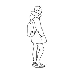 Man in warm jacket, jeans and sneakers. Side view. Monochrome vector illustration of young man with backpack standing and smiling in line art style. Hand drawn black lines isolated on white background