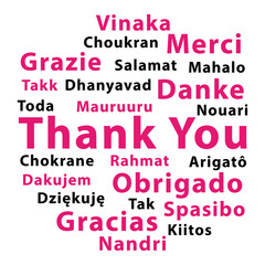 Thank you word cloud. Different languages. Pink and black illustration.