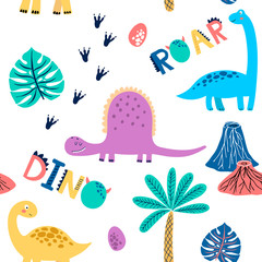 Seamless vector pattern with cute dinosaurs for typography poster, card, label, brochure, flyer, page, banner design. Vector illustration background. Scandinavian style.