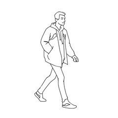 Sporty young man taking a walk. Side view. Monochrome vector illustration of man in jacket, jeans and sneakers walking in simple line art style. Black lines isolated on white background. Concept