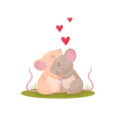 Pair of cute mice hugging in a meadow. Vector illustration on white background.