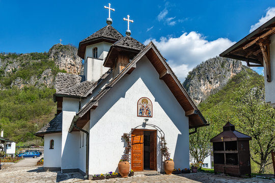 Ljubovija, Serbia April 20, 2019: The Soko Monastery is located below Soko Grad, on the slopes of the Sokolska Mountain near Ljubovija.The monastery is dedicated to the holy bishop Nikolaj Velimirovic