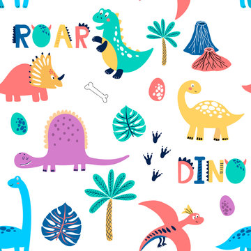 Seamless vector pattern with cute dinosaurs for typography poster, card, label, brochure, flyer, page, banner design. Vector illustration background. Scandinavian style.