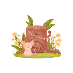 Cute mouse sits near his house in the form of a stump. Vector illustration on white background.