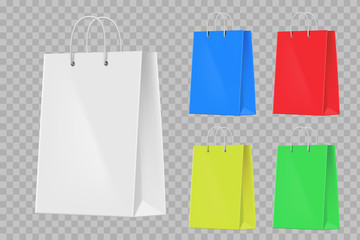 Set of colorful paper shopping bags. Isolated on a transparent background.