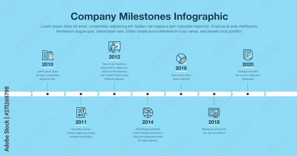 Poster business infographic for company milestones timeline template with line icons and blue background. e