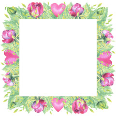 Frame with pink roses and floral elements, heart  on a white background .Hand painted in watercolor.