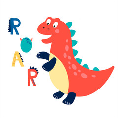 Baby print with Dino: Roar. Hand drawn graphic for typography poster, card, label, flyer, page, banner, baby wear, nursery. Scandinavian style. 